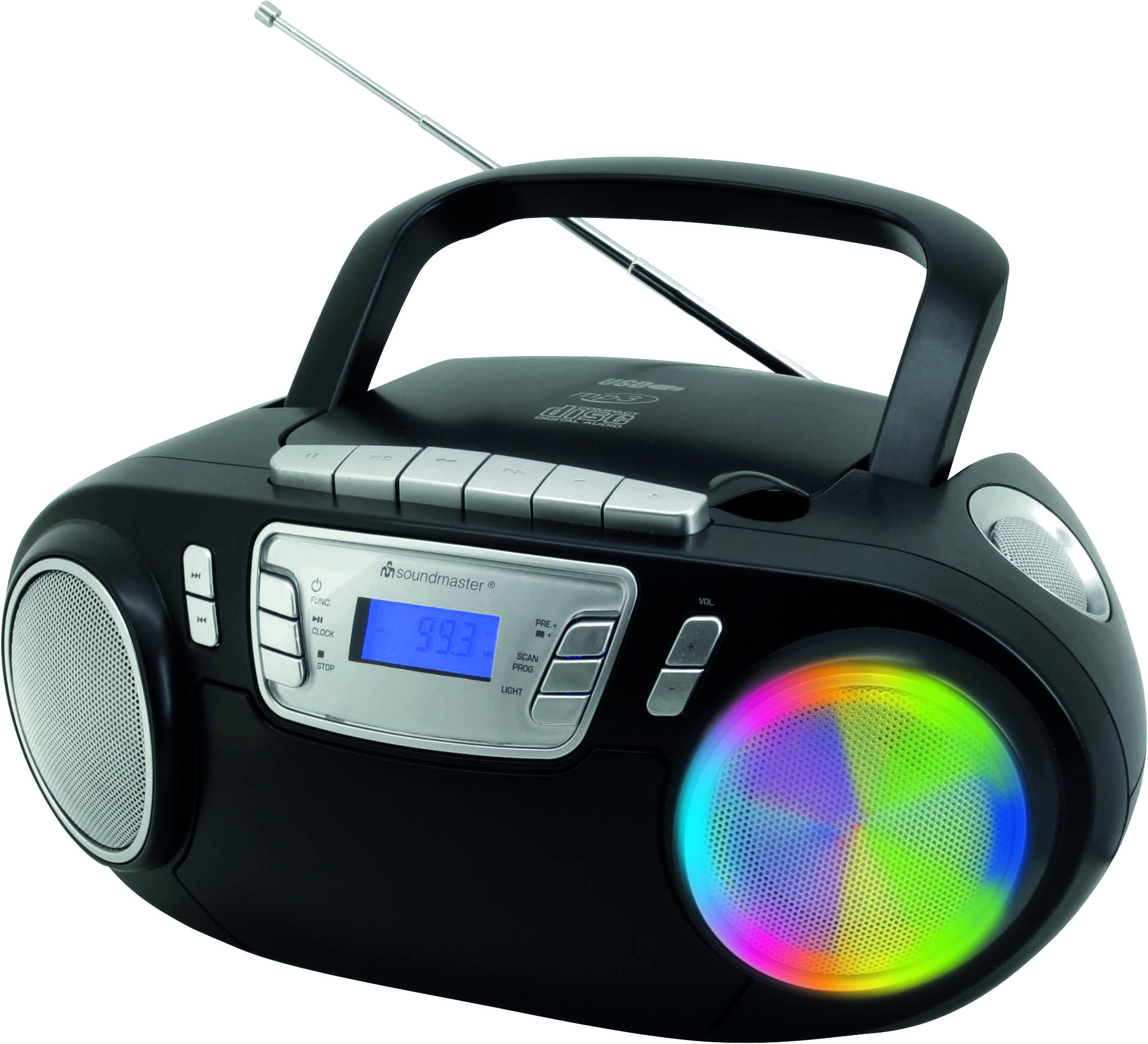 Schwarze Boombox mit Digitalanzeige und einem mehrfarbigen beleuchteten Lautsprecher.