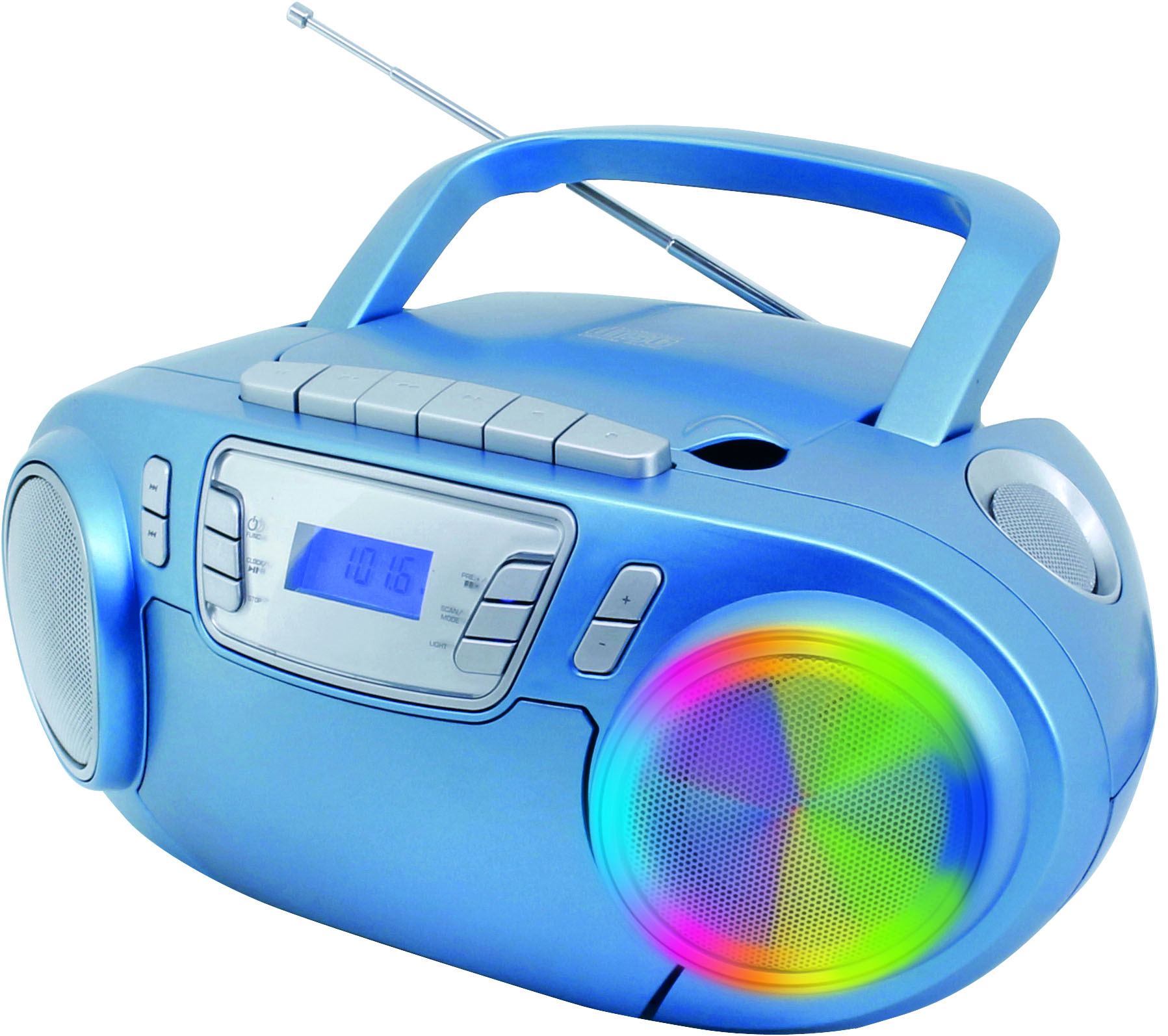Blaue Boombox mit Griff, Lautsprechern und einem farbigen, beleuchteten Lautsprecher.