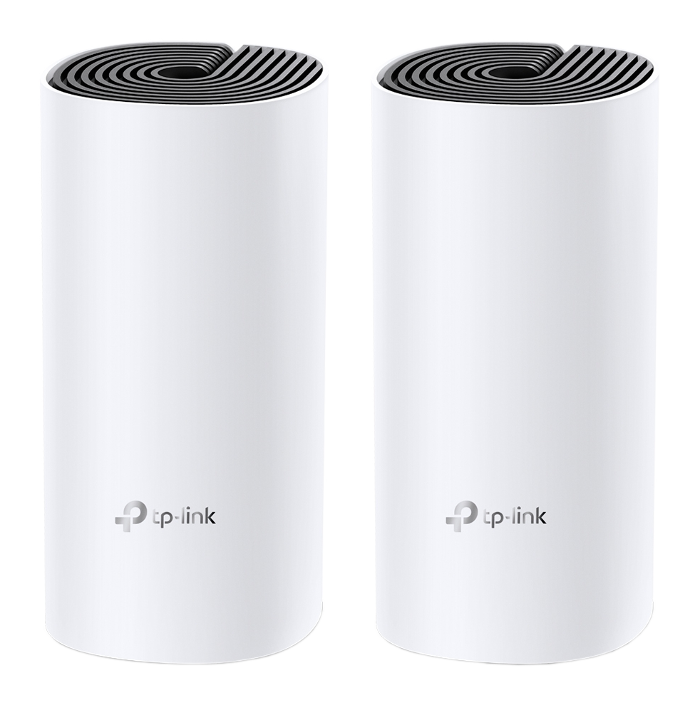 Zwei weiße TP-Link Mesh Wi-Fi-Geräte, zylindrisch mit schwarzem Deckel. Auf schwarzem Hintergrund.