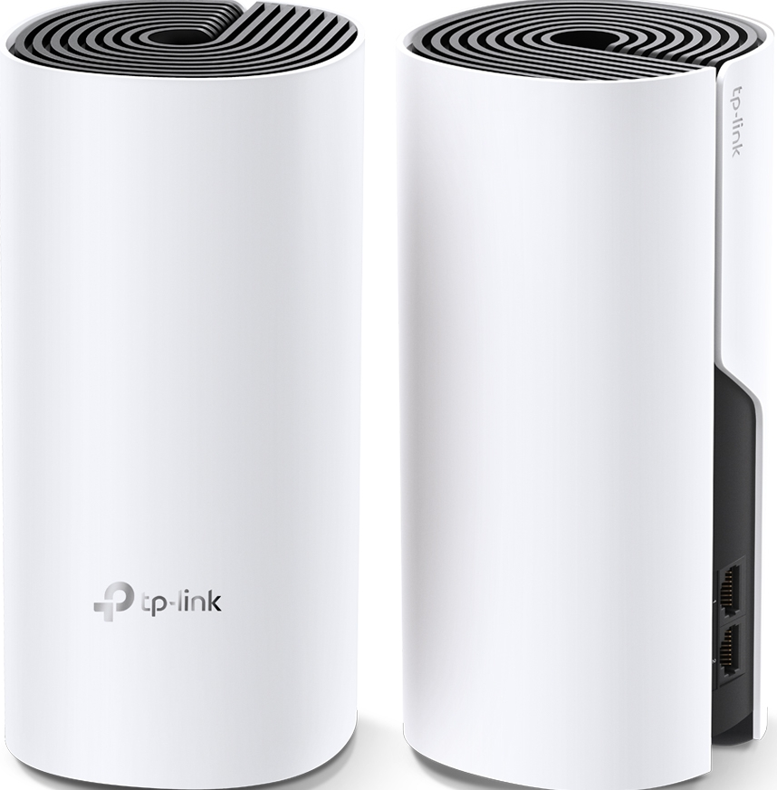 Zwei weiße, zylindrische TP-Link-Geräte. Eines zeigt Anschlüsse. Der Hintergrund ist weiß.