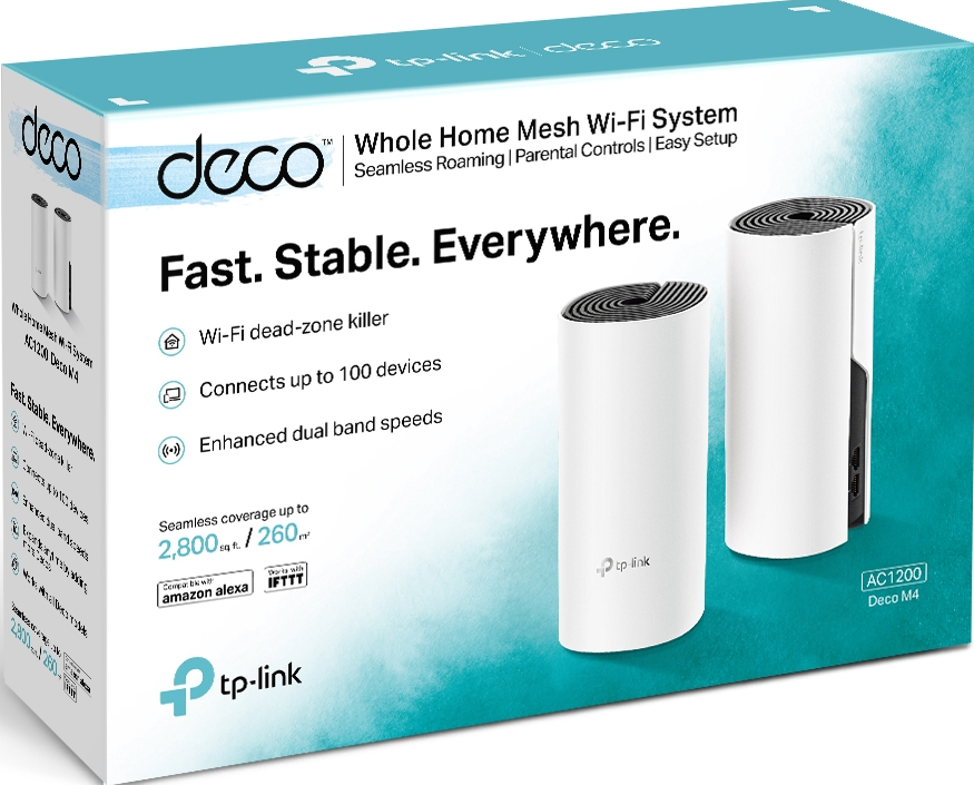 Weiße und blaue Deco Wi-Fi Systembox mit zwei Geräten.
