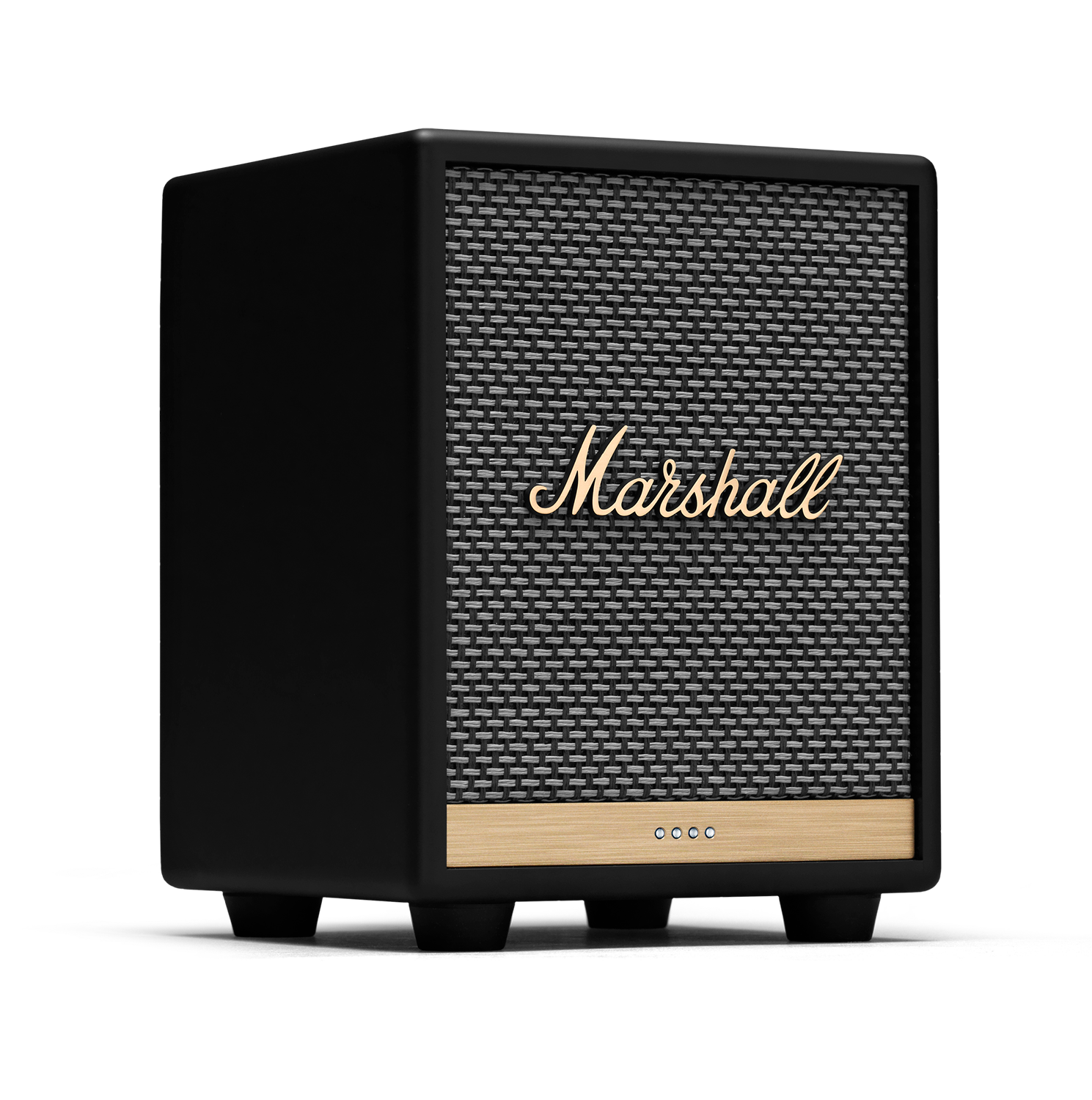 Zwarte Marshall-luidspreker met een grijze mesh voorkant, een gouden Marshall-logo en houten afwerking.