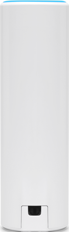 Purificatore d'aria bianco e cilindrico con luce blu in alto, su sfondo bianco.