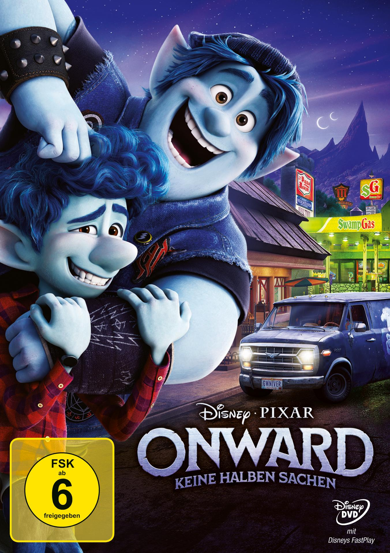 Filmcover von "Onward" mit zwei blauen Elfenbrüdern, einem Van und einer Tankstelle. Disney Pixar Logo.