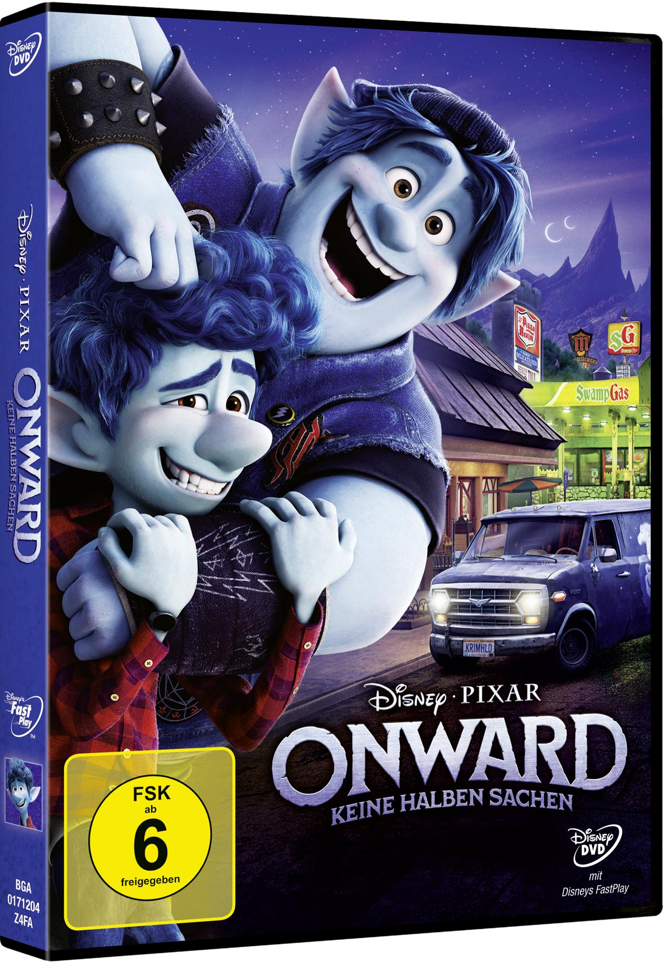 DVD-Cover von Onward. Zwei Zeichentrickfiguren sind zu sehen. Der Hintergrund ist eine Stadt.