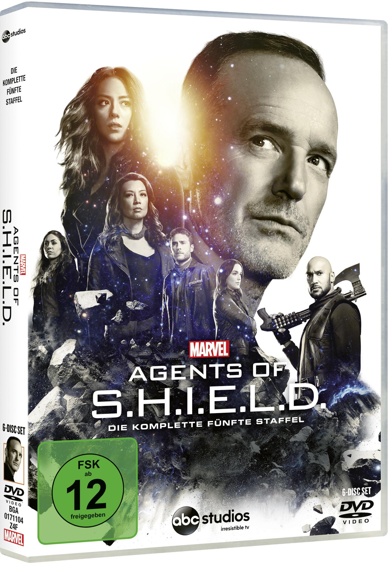 DVD-Cover für Agents of S.H.I.E.L.D. mit einer Besetzung von Charakteren und Titeltext. Weißer Hintergrund.