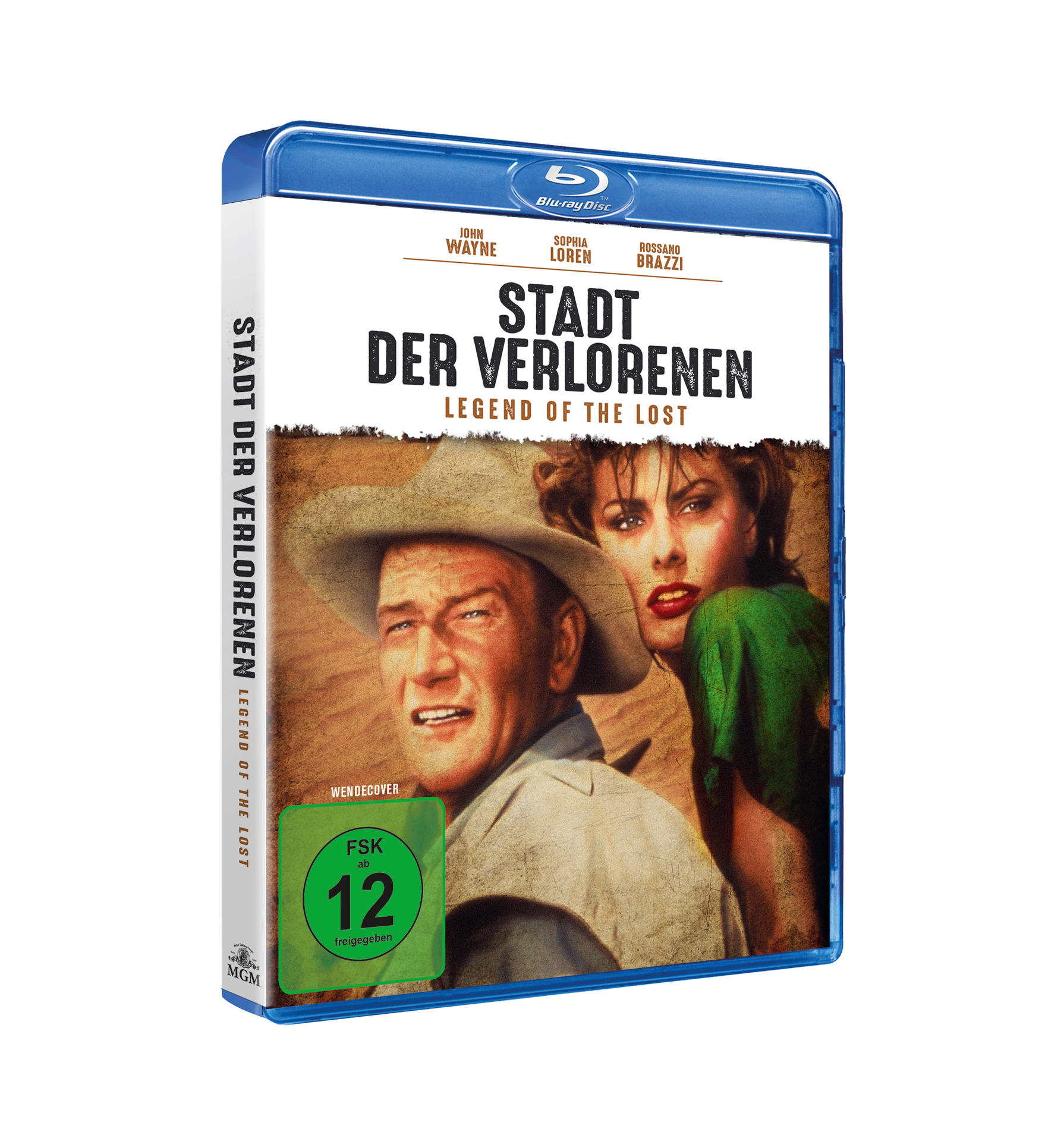 Filmcover für 'Stadt der Verlorenen'. John Wayne und Sophia Loren sind zu sehen.