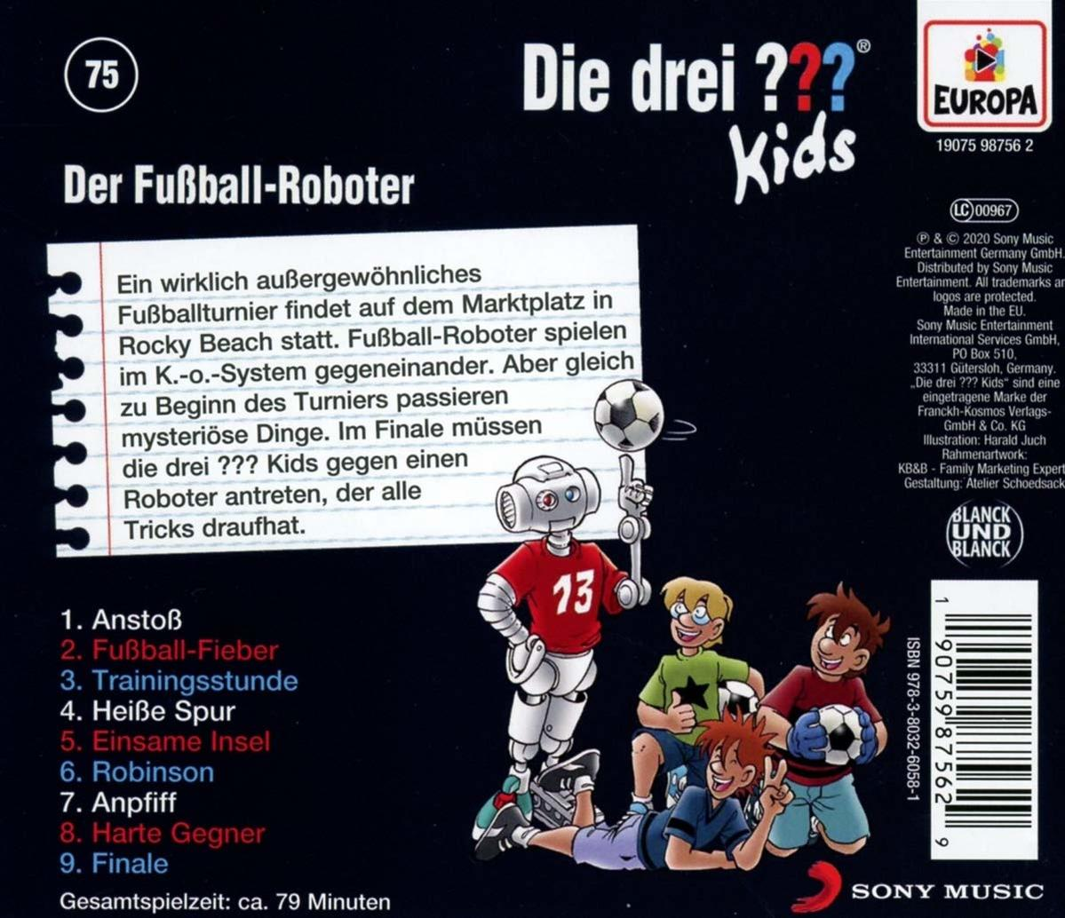 Comic-Cover mit Roboter und drei Kindern. Text: Die drei ??? Kids. Der Fußball-Roboter.