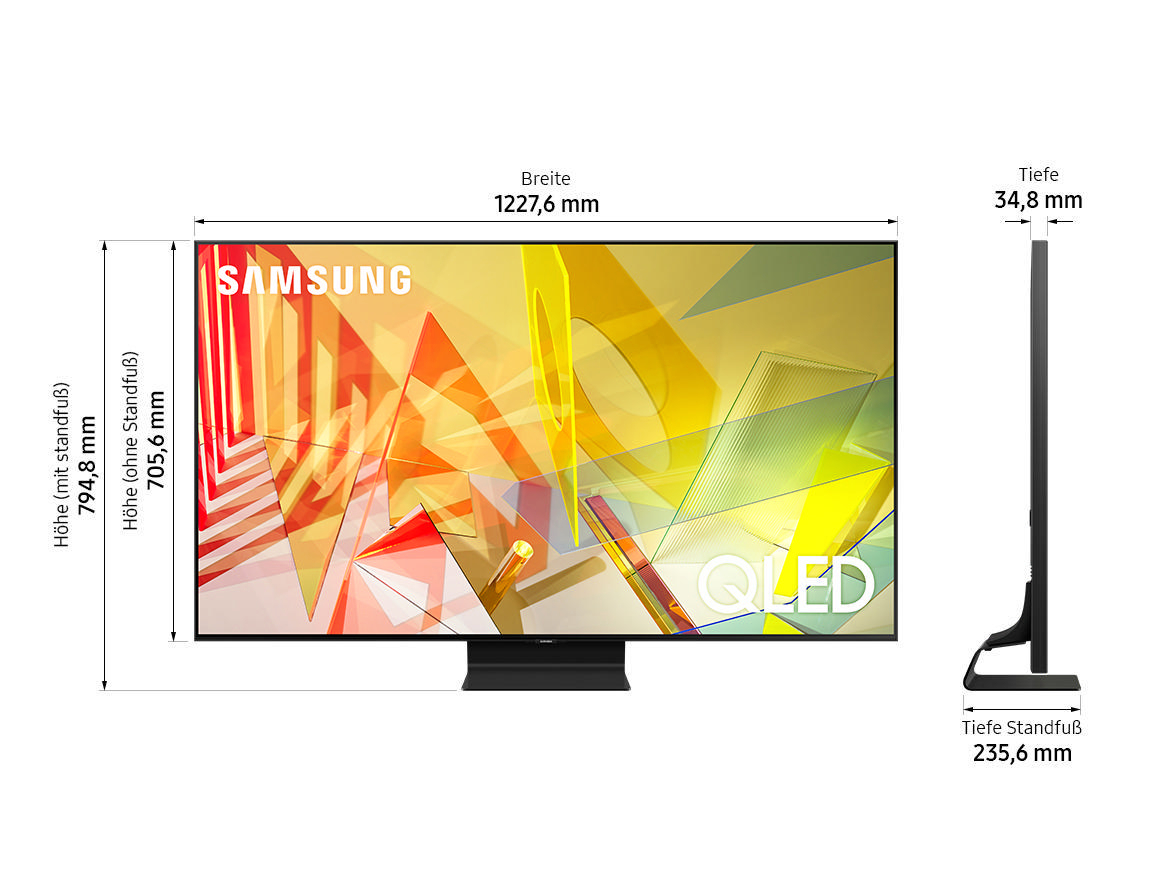 Großer Samsung QLED-Fernseher mit Abmessungen. Schwarzer Standfuß, weißer Hintergrund.