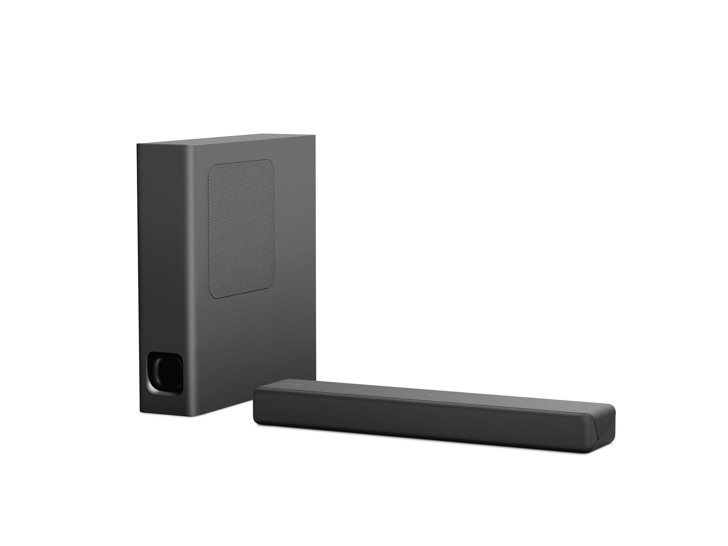 Una barra de sonido y un subwoofer sobre un fondo blanco. Ambos son negros y rectangulares.
