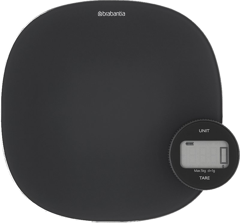 Une balance de cuisine numérique noire avec un écran circulaire affichant zéro, et la marque "brabantia" au-dessus.
