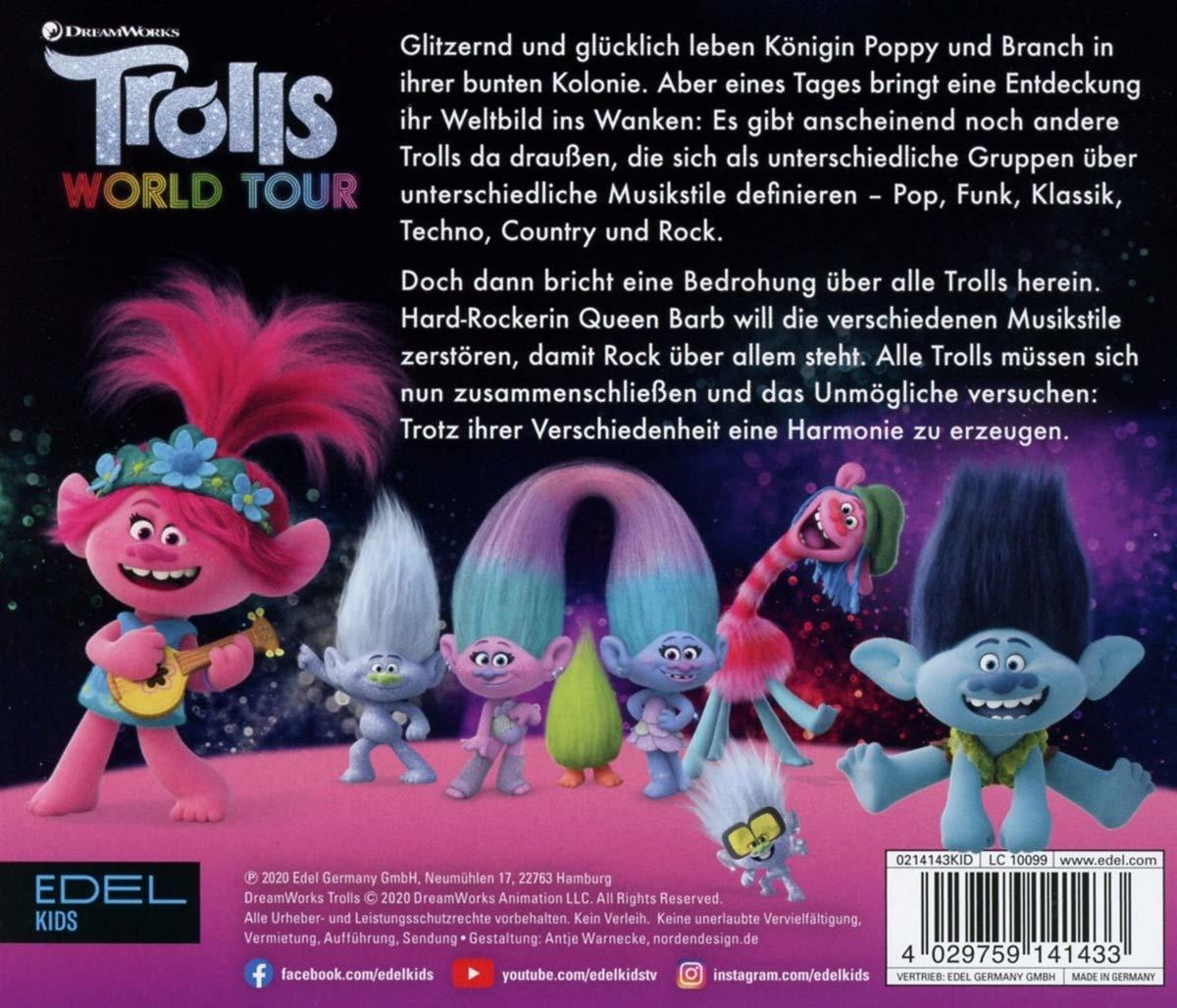 Rückseite der Trolls World Tour DVD. Zeigt Trolls-Charaktere und Text auf Deutsch.