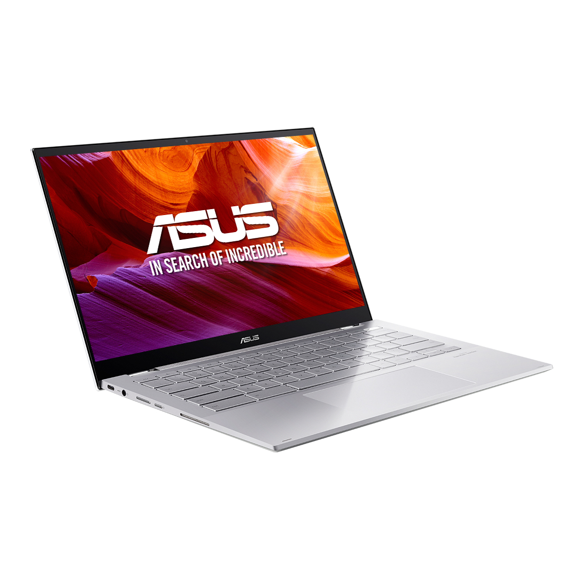 Portátil plateado con pantalla colorida, fondo blanco, logo ASUS.