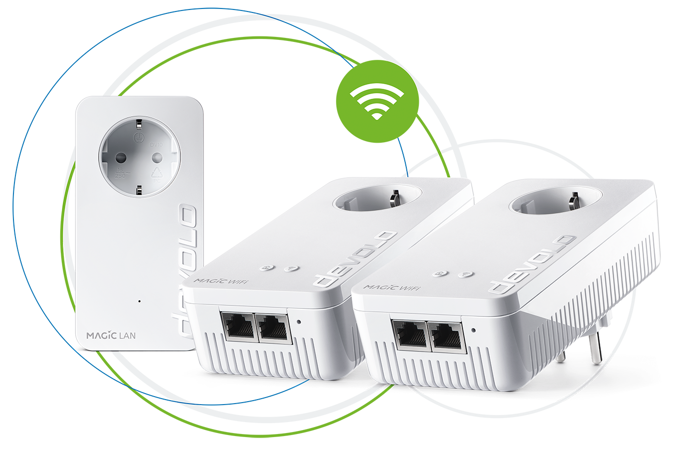 Three white devolo devices, two with plugs and Ethernet ports, and a single plug.