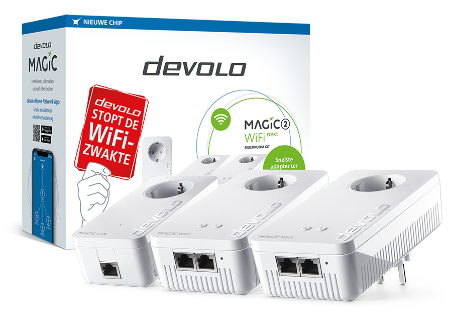 White devolo magic next wifi kit. It includes three adapters and a box. Black background.