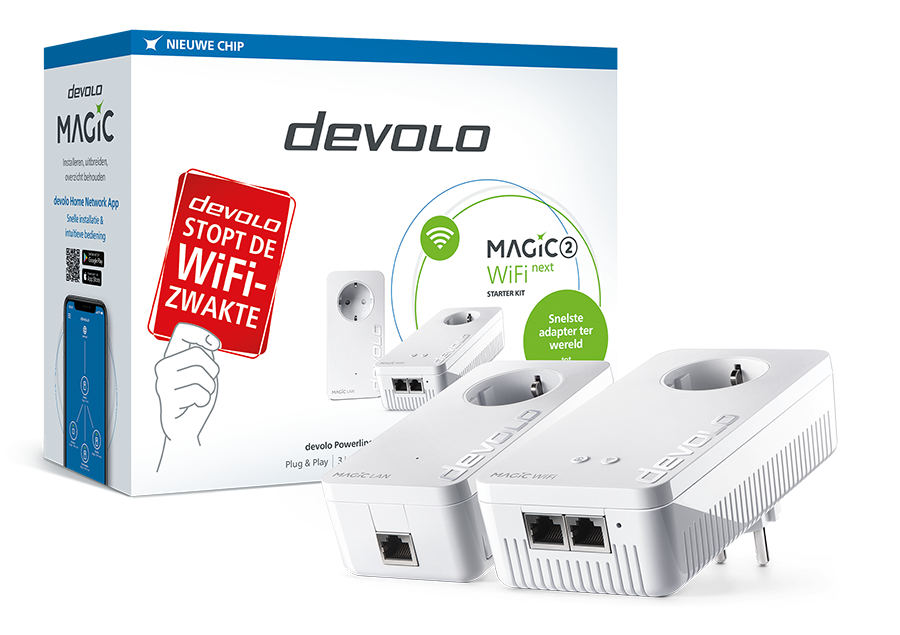 A white and blue devolo magic wifi next starter kit box with accessories.