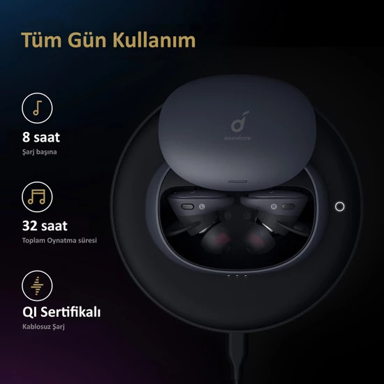 İçinde kulaklık bulunan siyah kulaklık şarj kutusu, metinli bir kablosuz şarj cihazının üzerinde.