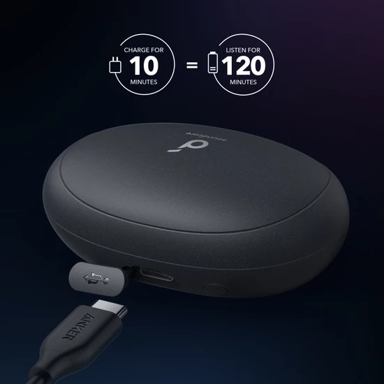 USB-C kablosuyla siyah şarj kutusu, şarj süresini gösteren metin.