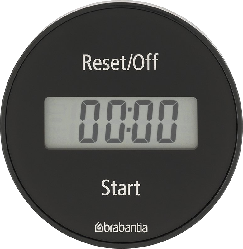 Minuteur noir avec affichage numérique indiquant 00:00 et les étiquettes 'Reset/Off' et 'Start'.