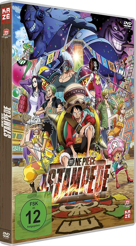 DVD-Hülle mit bunter Anime-Illustration und Text. Menschen stehen zusammen, 'ONE PIECE STAMPEDE'.