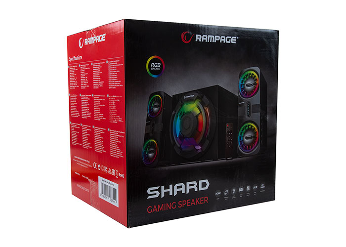 Rampage oyun hoparlörü kutusu. RGB ışıklı siyah hoparlör, kırmızı kutu arka planı.