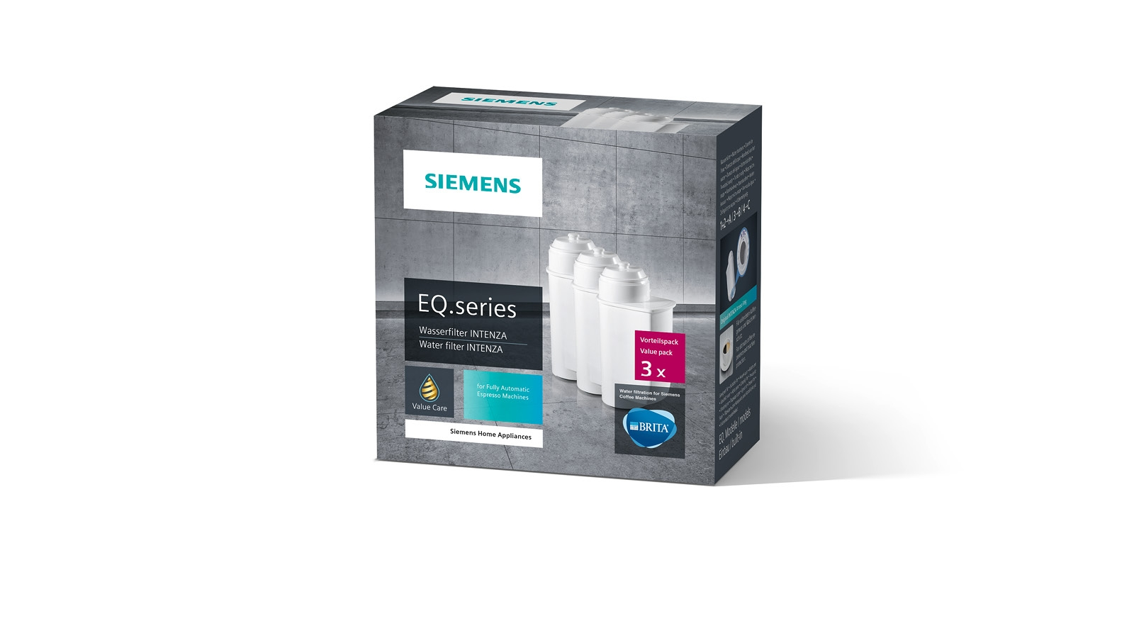 Siemens EQ.series Wasserfilterbox. Weiß mit drei sichtbaren Filtern. Der Hintergrund ist weiß.