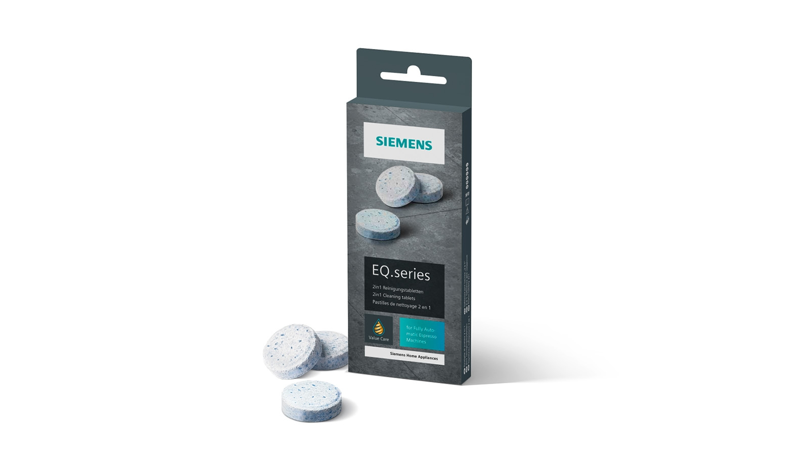 Schachtel mit Reinigungstabletten und drei losen Tabletten. Marke Siemens.