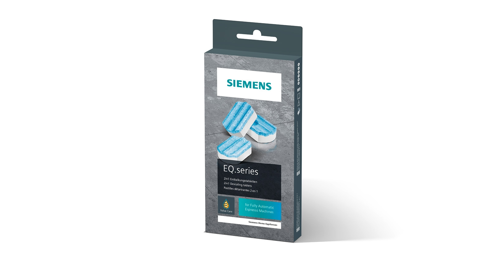 Schachtel mit Siemens Entkalkungstabletten, blaue Tabletten sichtbar. Weißer Hintergrund.