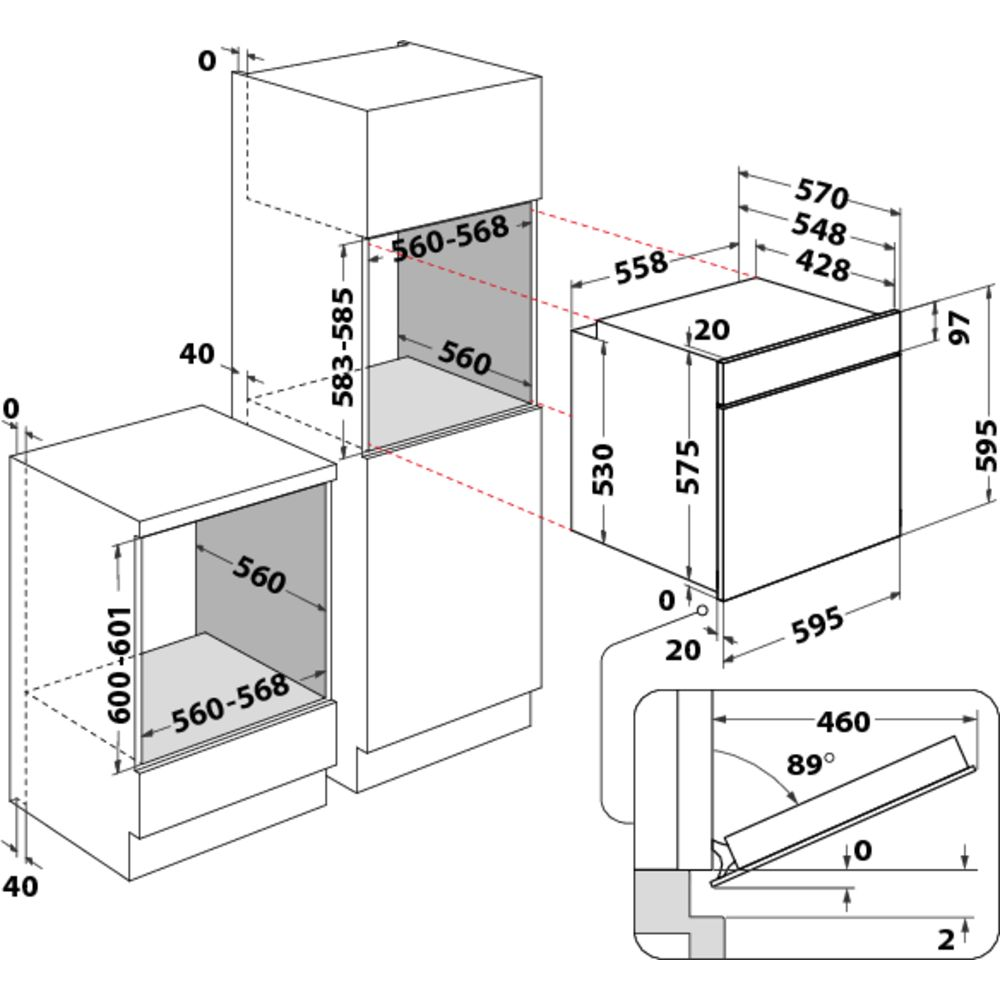 Diagramm des Einbaubackofens und der Mikrowellenplatzierung im Küchenschrank. Maße sind angegeben.