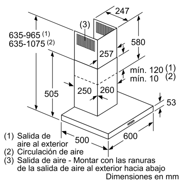 Diagrama de una campana extractora con dimensiones en mm y etiquetas para salidas de aire y circulación.