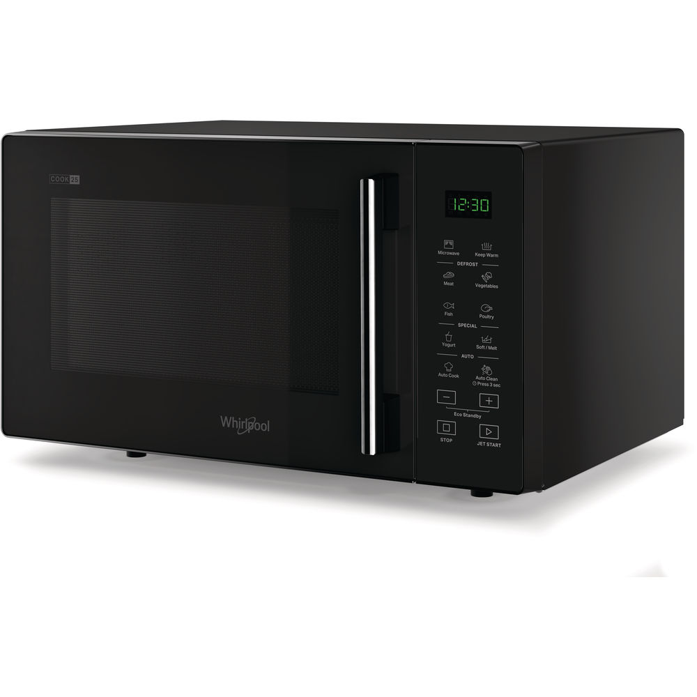 Zwarte Whirlpool magnetron. Digitaal display toont de tijd. Bedieningsknoppen en deur aan de voorkant.