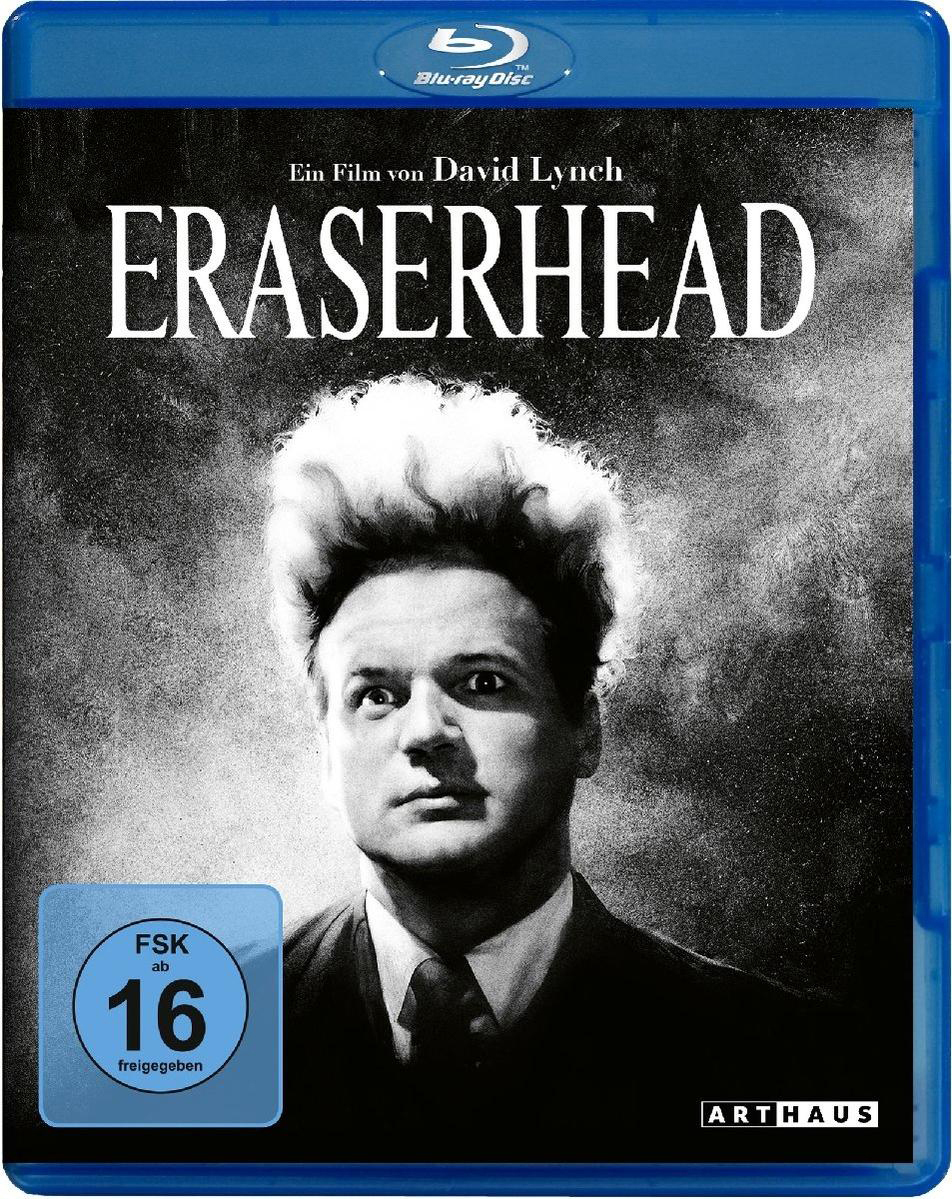 Eraserhead Blu-ray Disc Cover, ein Mann mit schockiertem Gesichtsausdruck und ein Schwarz-Weiß-Hintergrund.