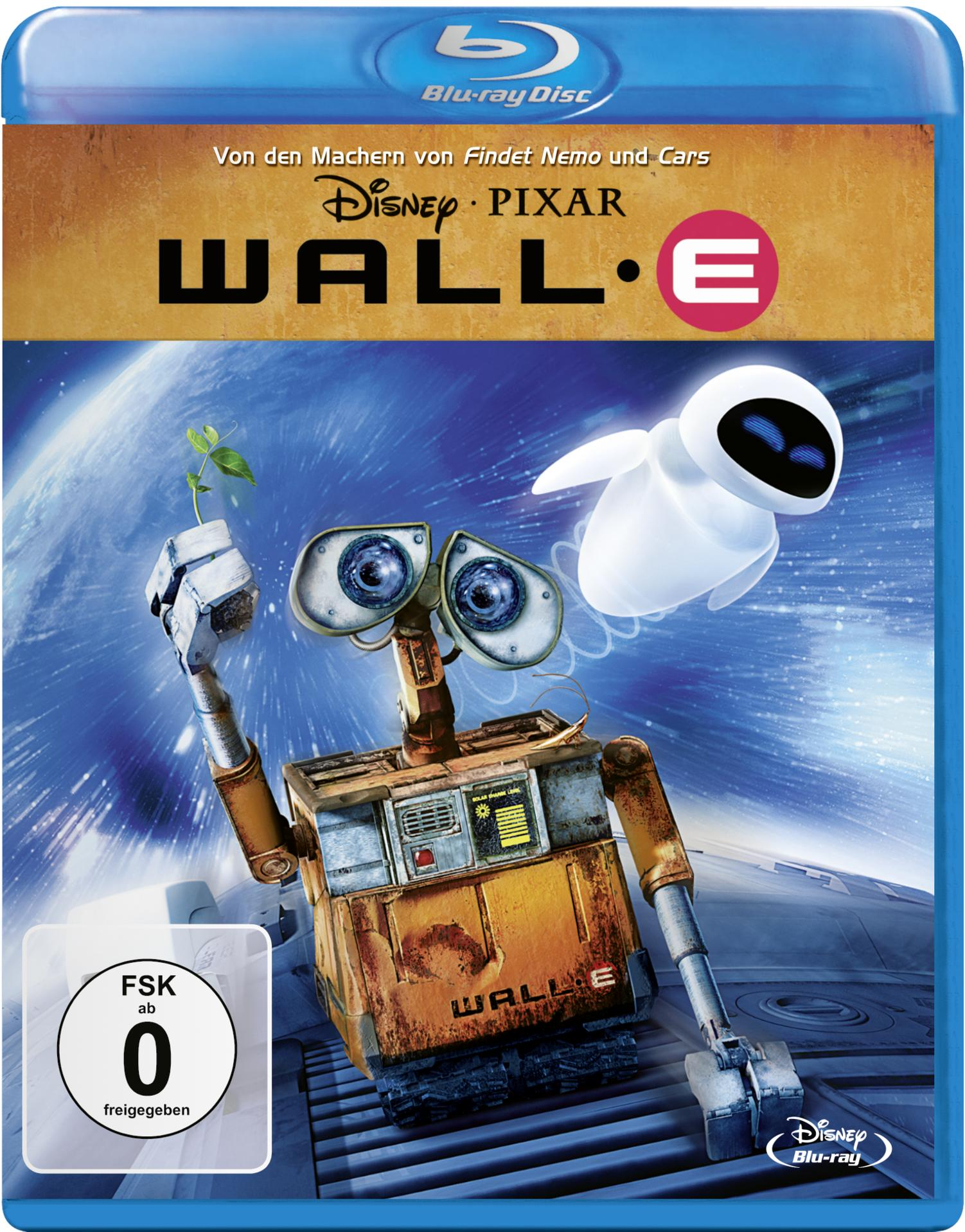 Wall-E Blu-ray Cover. Ein Roboter hält eine Pflanze. Eve, ein weißer Roboter, ist im Hintergrund.