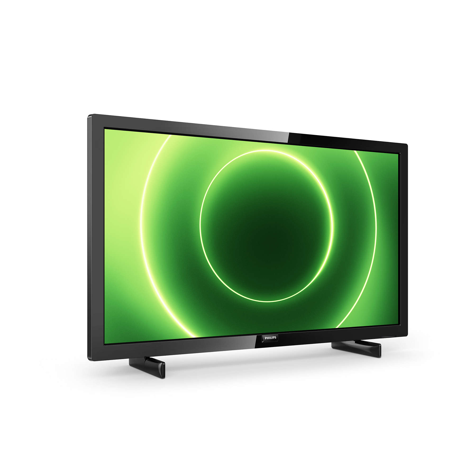 Un televisor negro con un diseño circular verde y amarillo en la pantalla, con soportes negros.