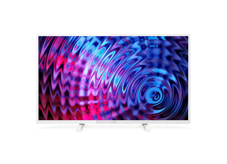 Televisor Philips blanco con una pantalla ondulada y colorida.