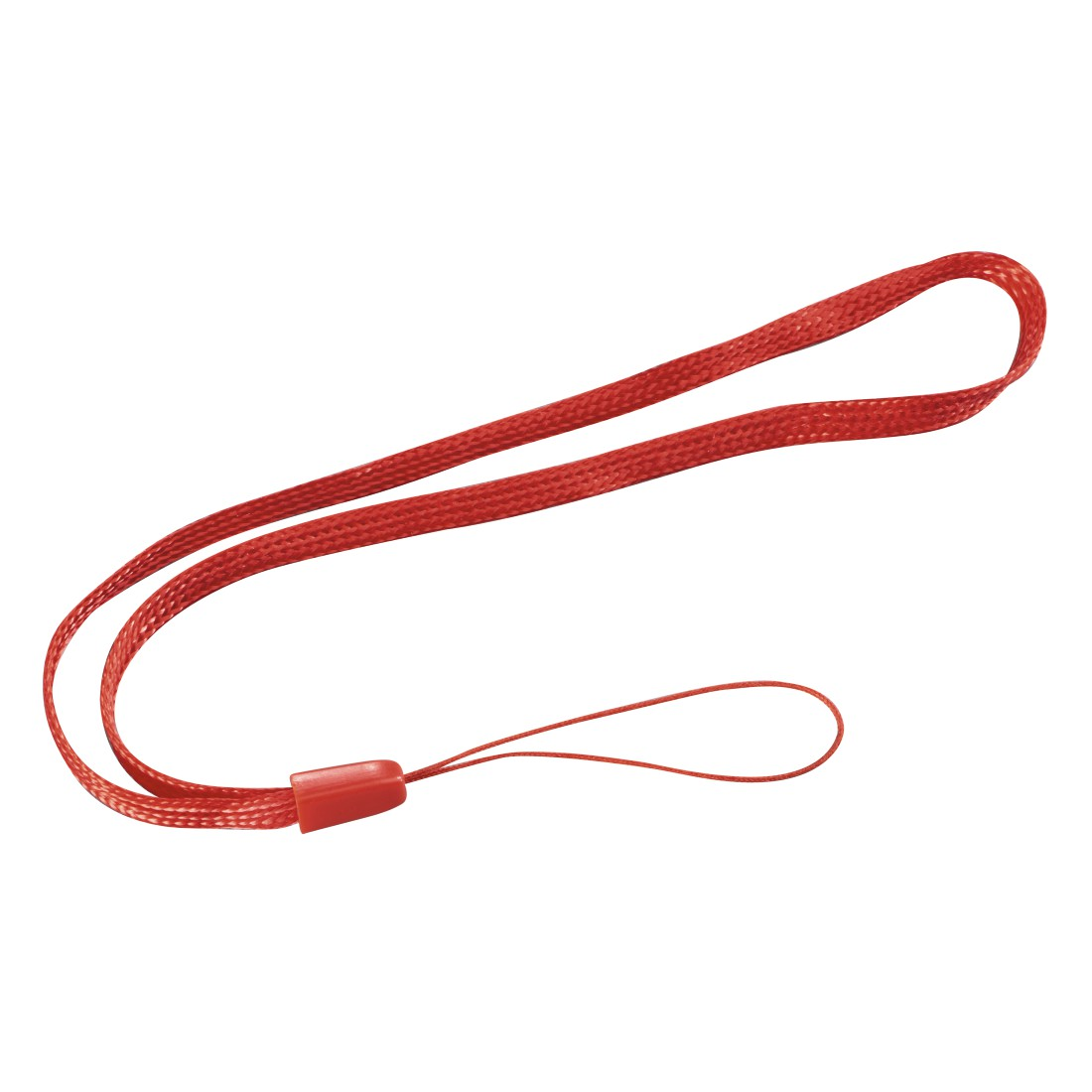 Lanière rouge avec un système de sécurité et une boucle, posée sur un fond blanc.