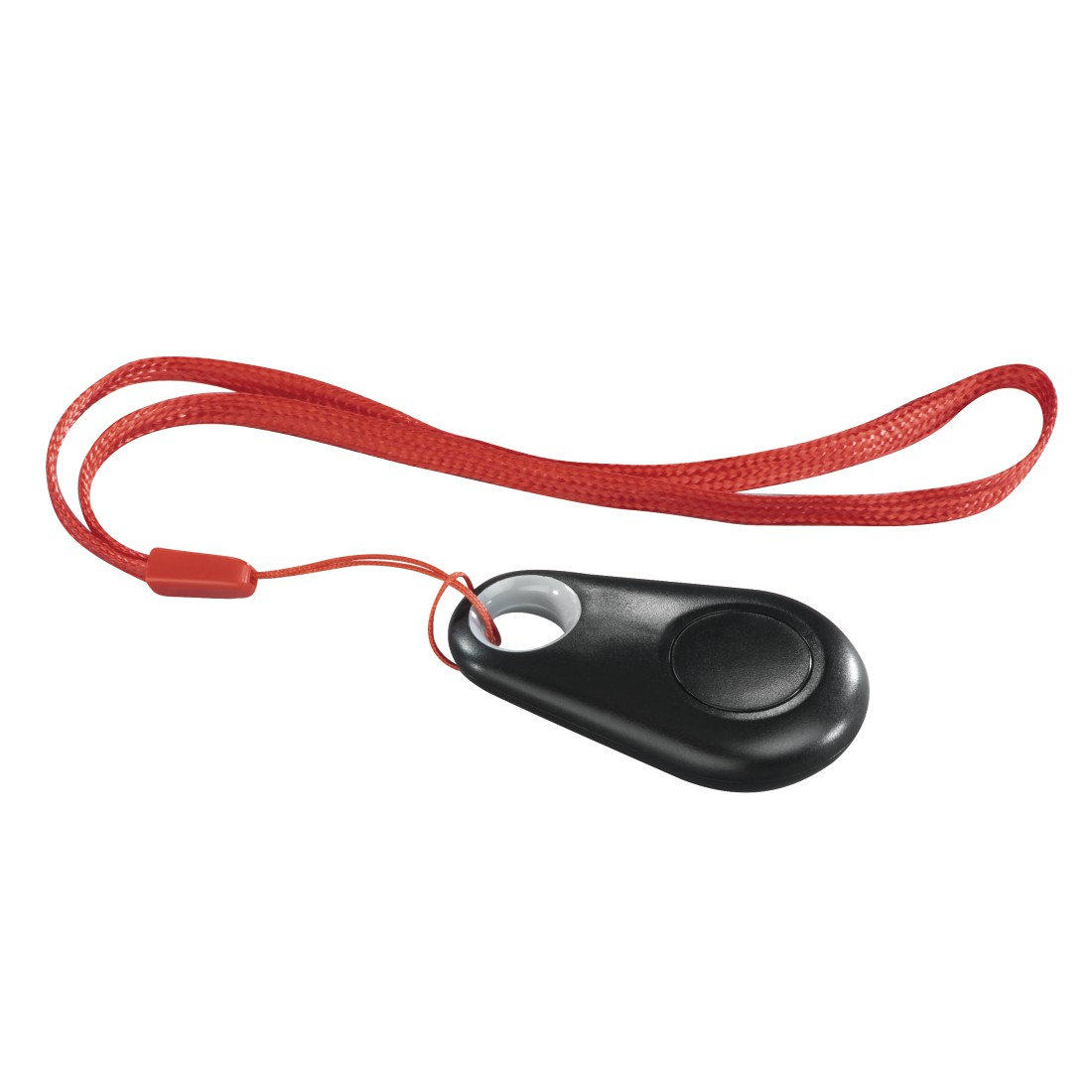 Trouve-clés ovale noir avec un cordon rouge. L'appareil a un bouton et un anneau blanc.
