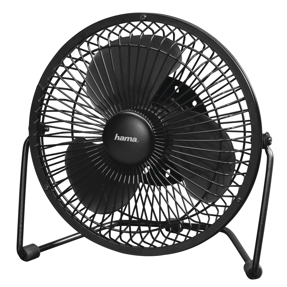 Ventilateur de bureau noir avec une cage de protection et un support. Le logo 'hama' est visible.