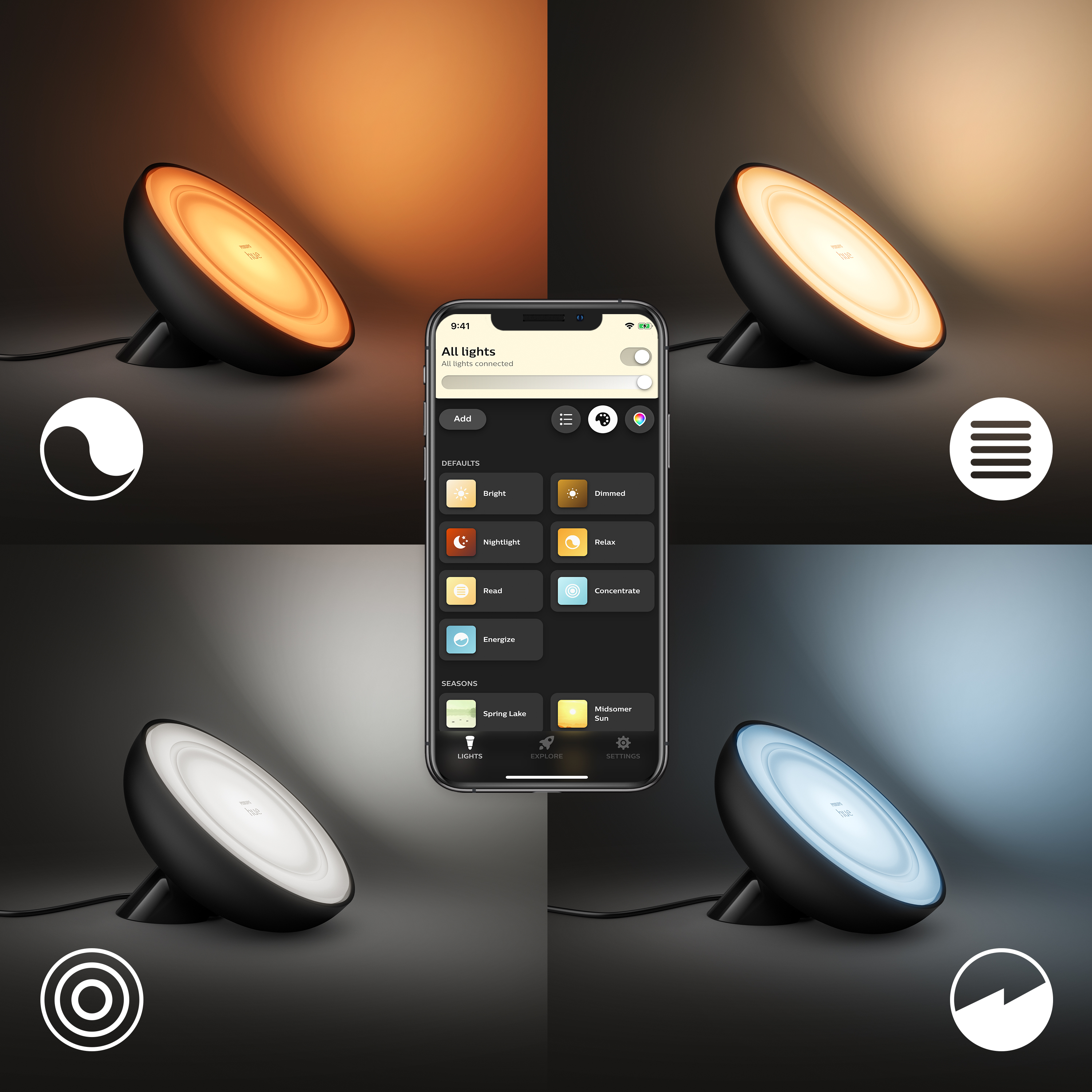 Multiple images of a black lamp with different light settings. The lamp is on a dark surface.