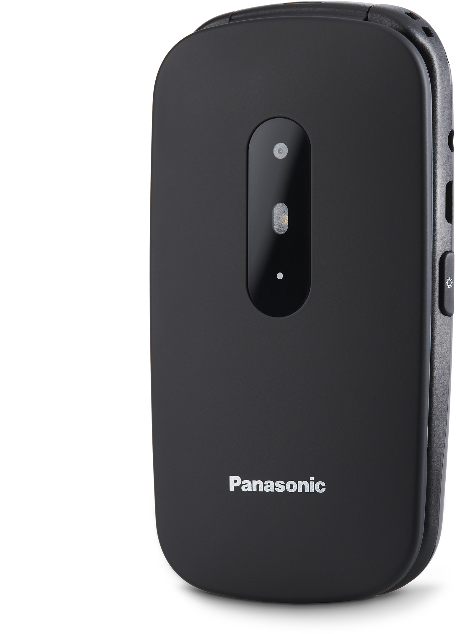 Fekete Panasonic kagylótelefon, zárt állapotban, kamerával és márkalogóval az elején.