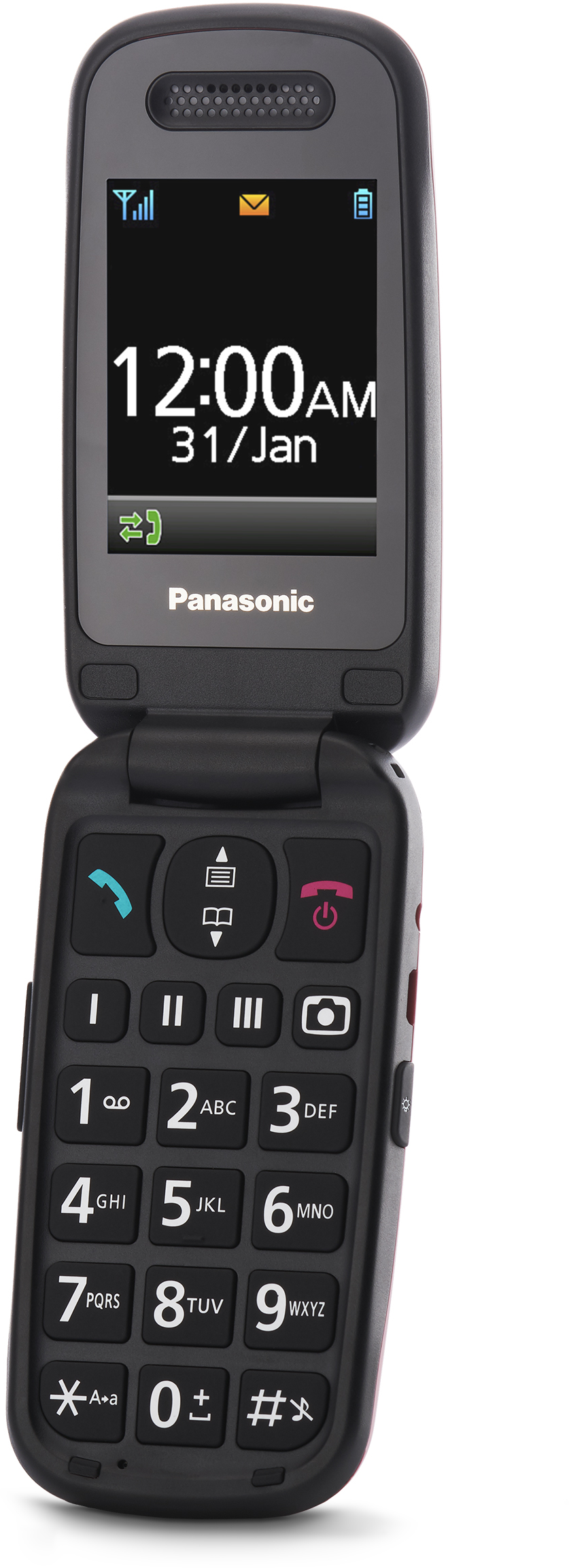 Fekete-piros kagylótelefon látható képernyővel, amely az időt és a dátumot mutatja.