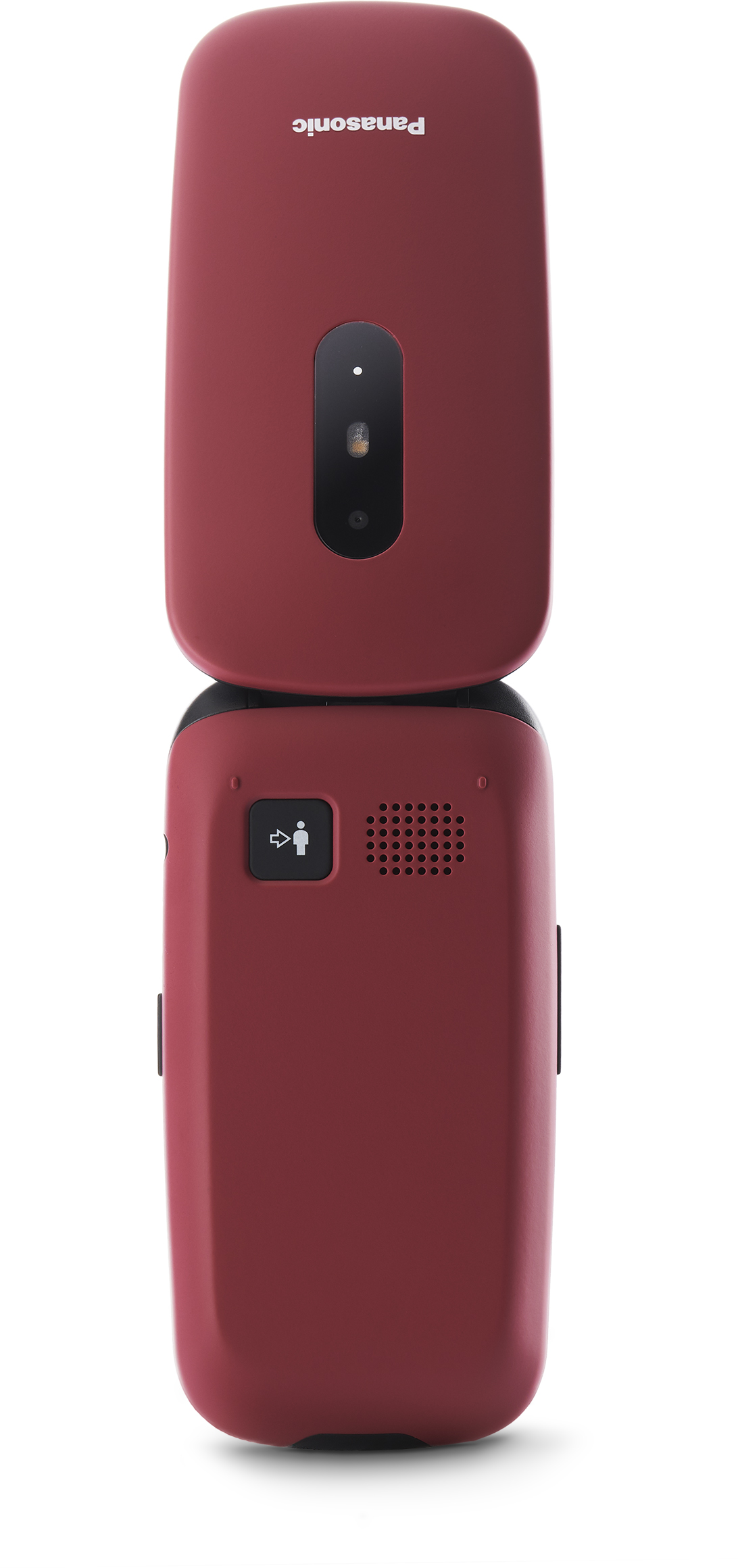Egy piros kagylótelefon, becsukva és nyitva, a készülék elejét és hátulját mutatva.