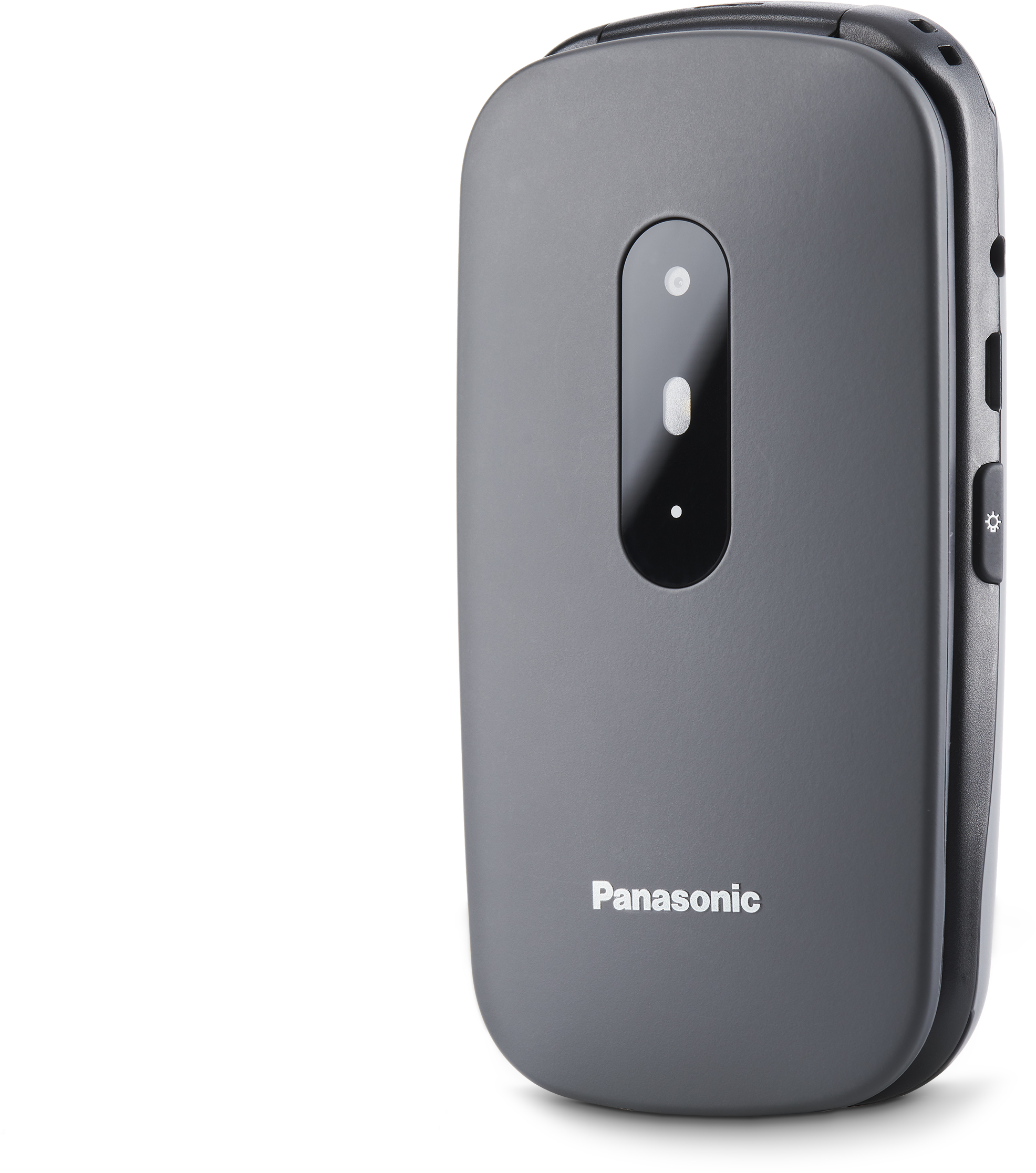 Zárt szürke Panasonic kagylótelefon, fehér háttér előtt.