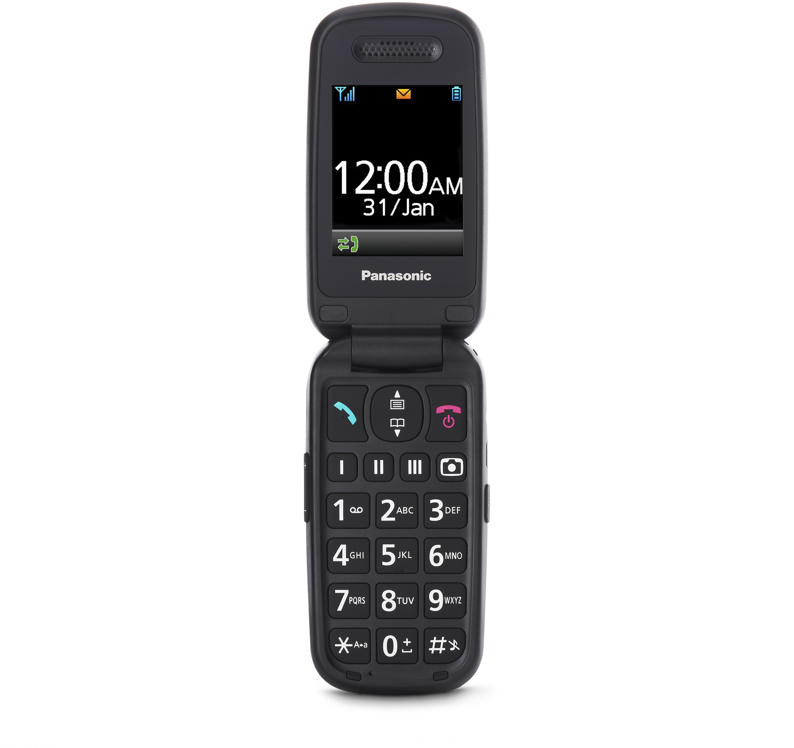 Fekete kagylótelefon nyitva, a képernyőn az idő és a dátum látható, valamint a billentyűzet.