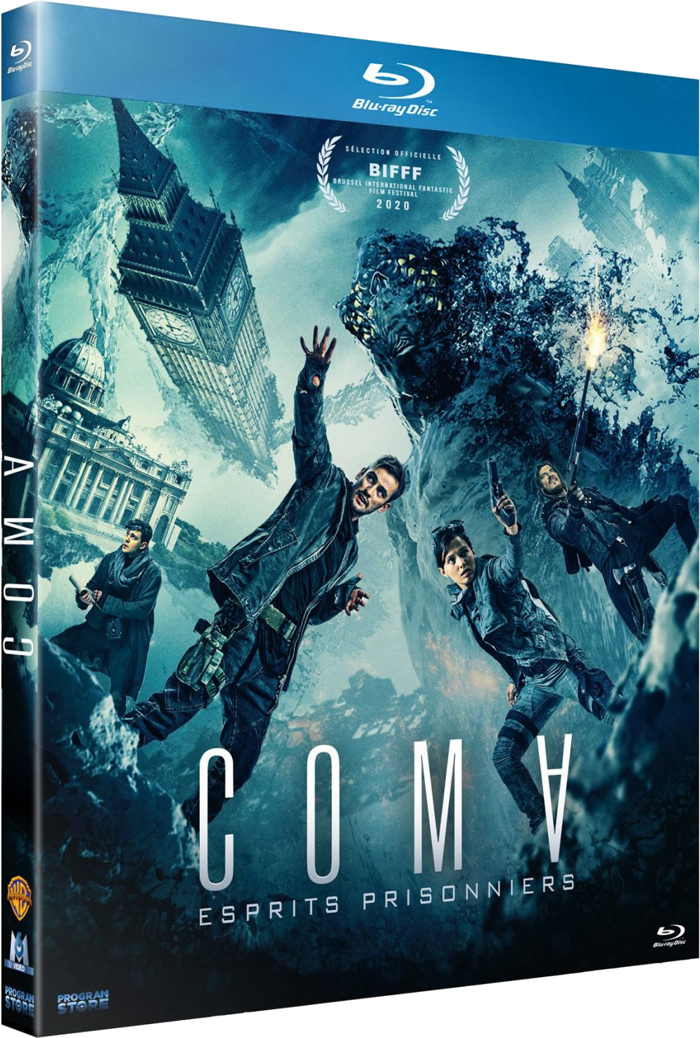 Jaquette Blu-ray du film 'COMA', avec des personnes tombant dans un environnement surréaliste.