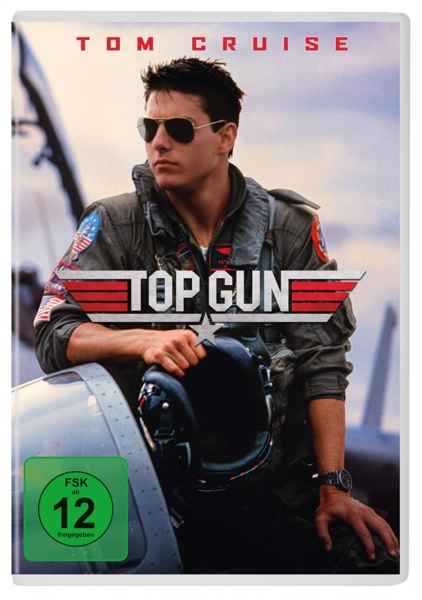Tom Cruise auf dem Top Gun-Filmplakat. Er trägt eine Sonnenbrille und lehnt sich an ein Flugzeug.