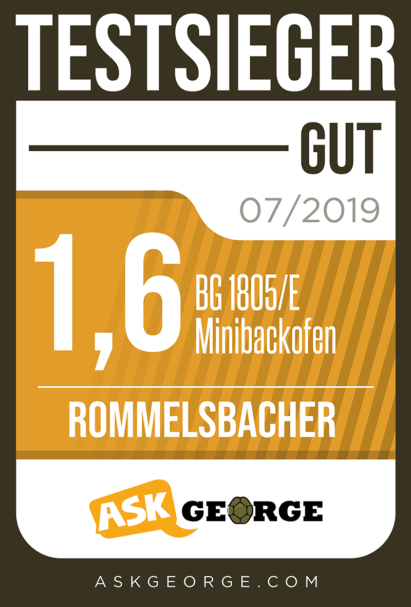 Testsieger-Aufkleber mit Note 1,6 und Text "BG 1805/E Minibackofen". Orange und weiß.