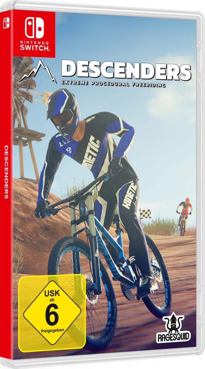 Nintendo Switch Spielhülle für 'Descenders'. Zeigt einen Biker, eine Flagge und den Spieletitel.