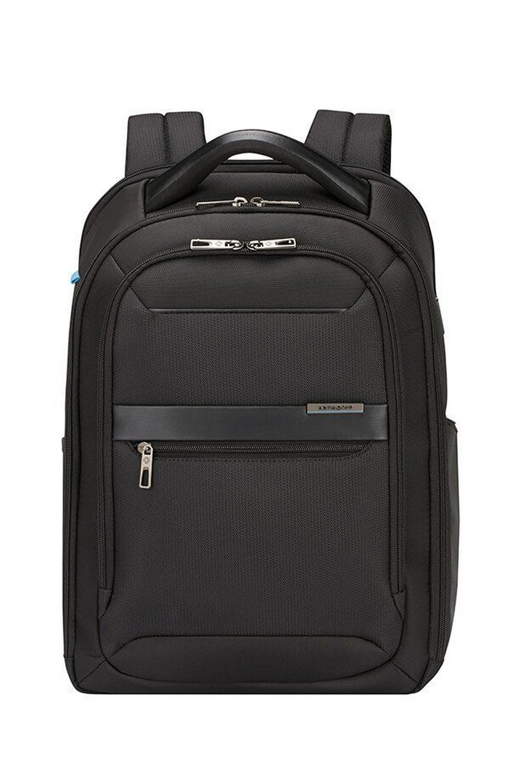 Una mochila Samsonite negra con asa superior, cremalleras y bolsillo frontal.