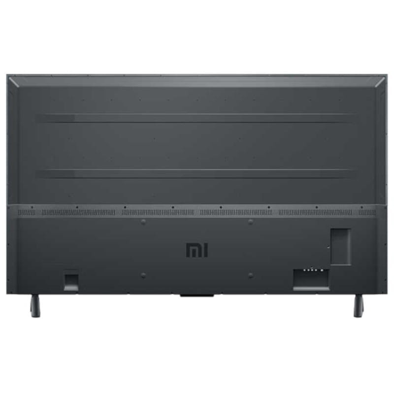 La parte trasera de un televisor Mi negro con un soporte negro y el logotipo de Mi.
